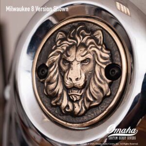 Custom timing cover for Milwaukee 8 engine with lion head design