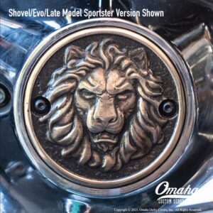 Custom timing cover for shovelhead or evolution engines with lion head design