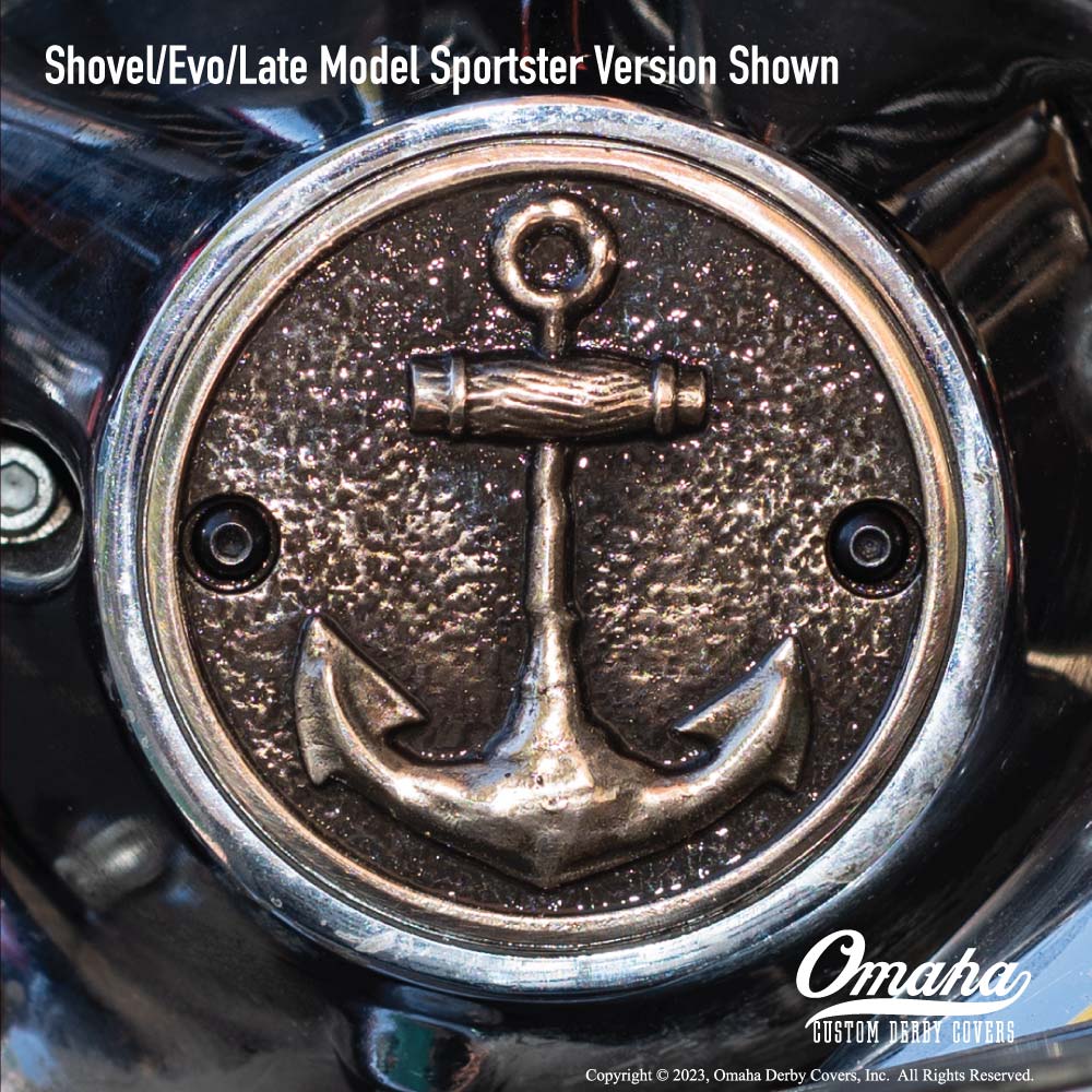 Custom timing cover for shovelhead or evo engines with grunge anchor design