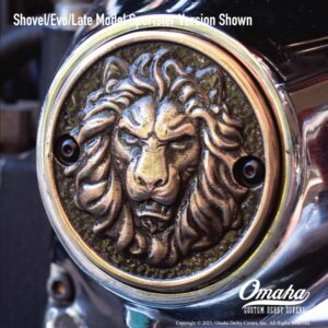 Custom timing cover for shovelhead or evolution engines with lion head design