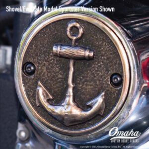Custom timing cover for shovelhead or evo engines with grunge anchor design