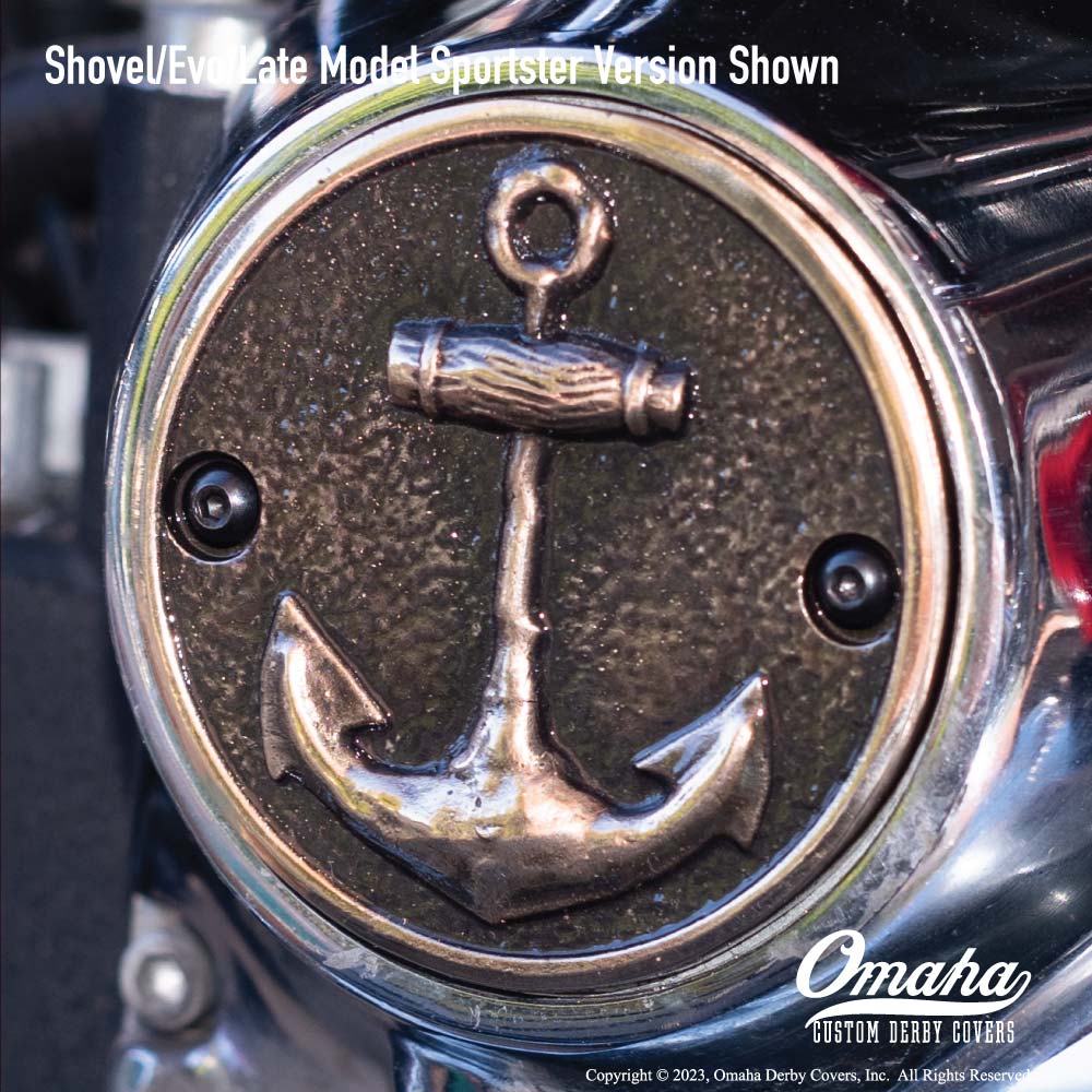 Custom timing cover for shovelhead or evo engines with grunge anchor design