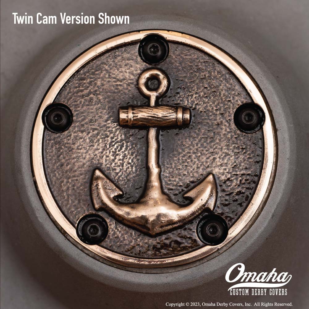 Custom timing cover for Twin Cam engine with grunge anchor design