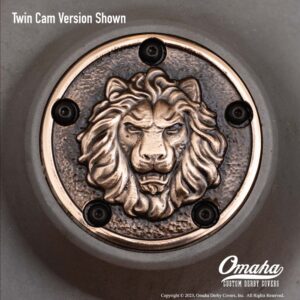Custom timing cover for Twin Cam engine with lion head design
