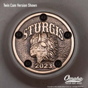 Custom timing cover for Harley-Davidson Twin Cam engine with Sturgis 2023 decoration