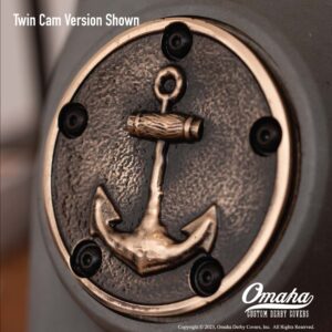 Custom timing cover for Twin Cam engine with grunge anchor design