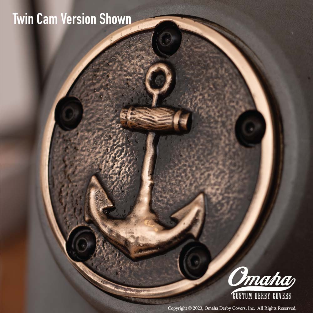 Custom timing cover for Twin Cam engine with grunge anchor design