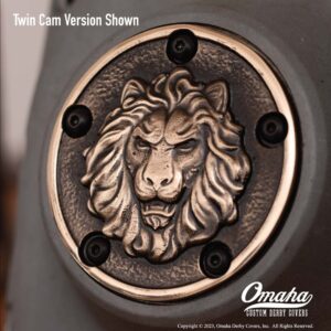Custom timing cover for Twin Cam engine with lion head design