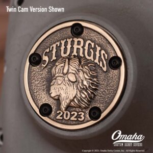 Custom timing cover for Harley-Davidson Twin Cam engine with Sturgis 2023 decoration