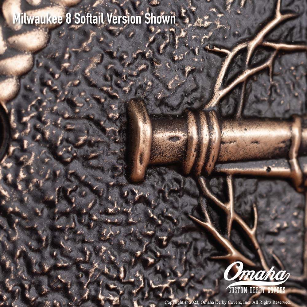 Custom derby cover for Harley-Davidson motorcycle featuring a Christian nail cross with thorns