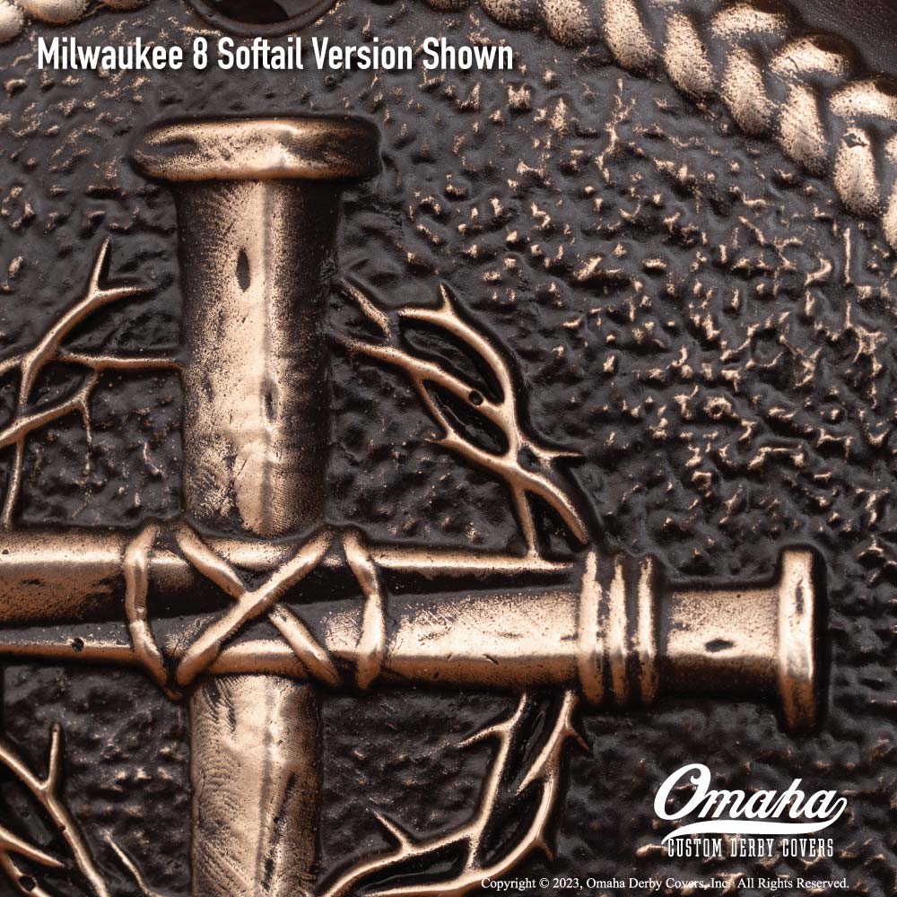 Custom derby cover for Harley-Davidson motorcycle featuring a Christian nail cross with thorns