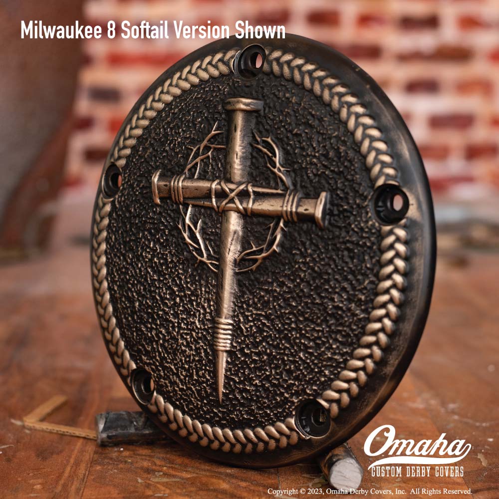 Custom derby cover for Harley-Davidson motorcycle featuring a Christian nail cross with thorns