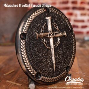 Custom derby cover for Harley-Davidson motorcycle featuring a Christian nail cross with thorns