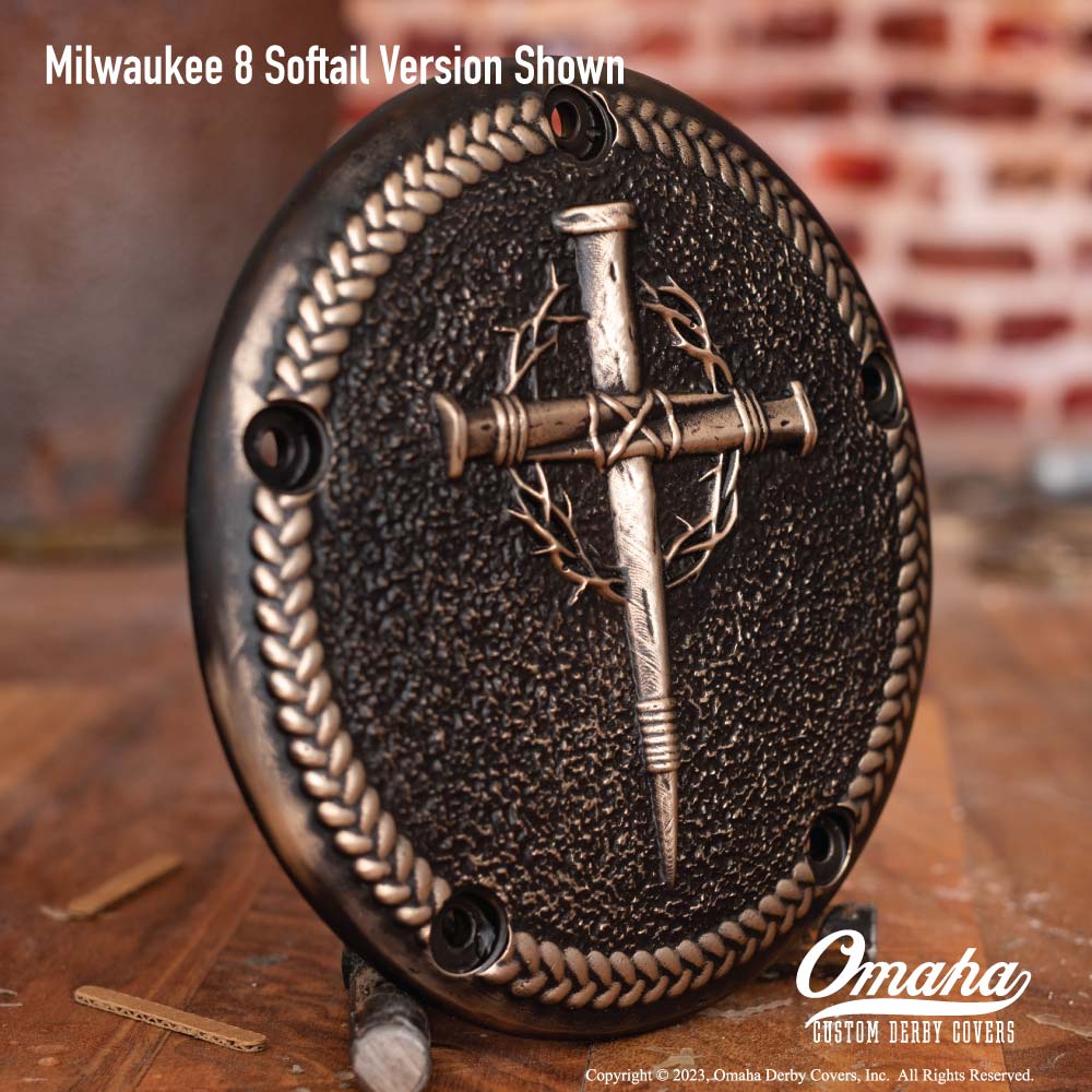 Custom derby cover for Harley-Davidson motorcycle featuring a Christian nail cross with thorns