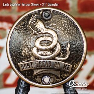 Custom bronze timing cover with Gadsden Flag - Dont Tread on Me sculpture for Harley-Davidson Sportster motorcycles
