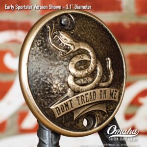 Custom bronze timing cover with Gadsden Flag - Dont Tread on Me sculpture for Harley-Davidson Sportster motorcycles