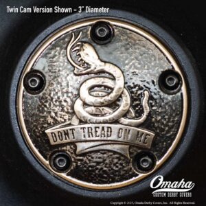 Custom bronze timing cover with Gadsden Flag - Dont Tread on Me sculpture for Harley-Davidson motorcycles with Twin Cam motor