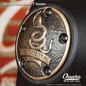 Custom bronze timing cover with Gadsden Flag - Dont Tread on Me sculpture for Harley-Davidson motorcycles with Twin Cam motor