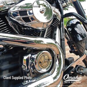 Custom timing cover installed on a Harley-Davidson motorcycle