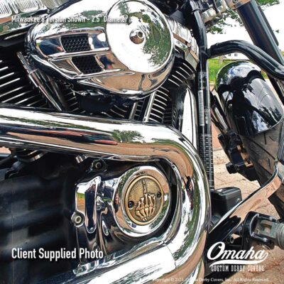 Custom timing cover installed on a Harley-Davidson motorcycle