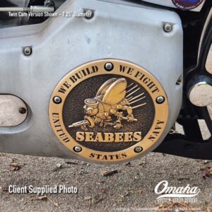 US Navy Seabees custom derby cover installed on a Harley-Davidson motorcycle