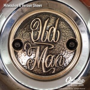 Custom timing cover for Harley-Davidson motorcycle with Old Man lettering