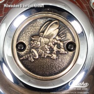 Custom timing cover for Harley-Davidson motorcycle with US Navy SeaBees insignia