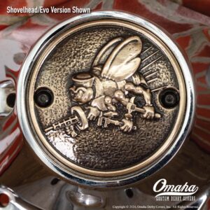 Custom timing cover for Harley-Davidson motorcycle with US Navy SeaBees insignia
