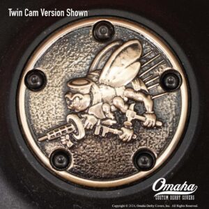 Custom timing cover for Harley-Davidson motorcycle with US Navy SeaBees insignia