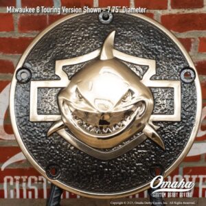 Custom derby cover for Harley-Davidson motorcycles with shark nose design