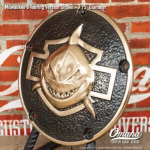 Custom derby cover for Harley-Davidson motorcycles with shark nose design