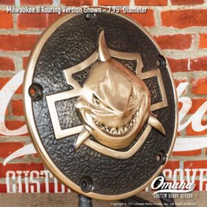 Custom derby cover for Harley-Davidson motorcycles with shark nose design