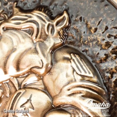 Custom sculpted derby cover for Harley-Davidson motorcycle with rhino fighter pilot and pinup girl design