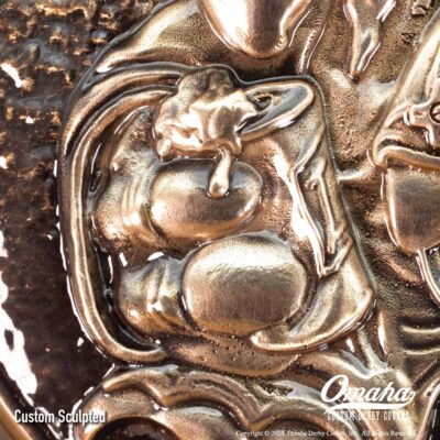 Custom sculpted derby cover for Harley-Davidson motorcycle with rhino fighter pilot and pinup girl design