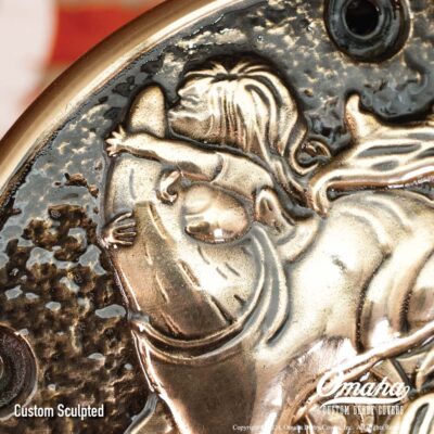 Custom sculpted derby cover for Harley-Davidson motorcycle with rhino fighter pilot and pinup girl design