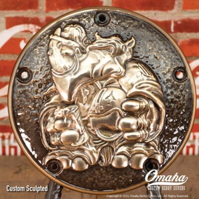 Custom sculpted derby cover for Harley-Davidson motorcycle with rhino fighter pilot and pinup girl design