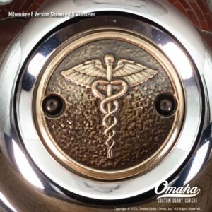 Custom timing cover for Harley-Davidson Milwaukee 8 engine - Caduceus design