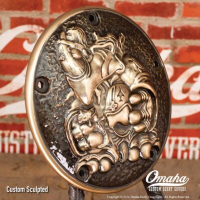 Custom sculpted derby cover for Harley-Davidson motorcycle with rhino fighter pilot and pinup girl design