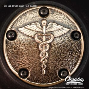 Custom timing cover for Harley-Davidson Twin Cam engine - Caduceus design