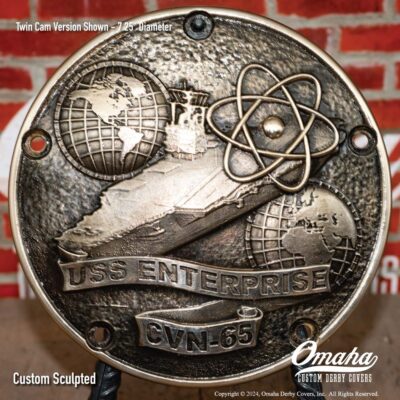 USS Enterprise Custom Sculpted Bronze Derby Cover for Harley-Davidson Motorcycle