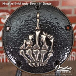 Custom derby cover for Harley-Davidson motorcycle with skeleton finger sculpted design