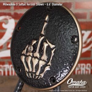 Custom derby cover for Harley-Davidson motorcycle with skeleton finger sculpted design