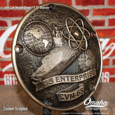 USS Enterprise Custom Sculpted Bronze Derby Cover for Harley-Davidson Motorcycle