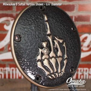 Custom derby cover for Harley-Davidson motorcycle with skeleton finger sculpted design