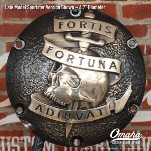 Custom derby cover for Harley-Davidson Sportster motorcycles with Fortis Fortuna Adiuvat design