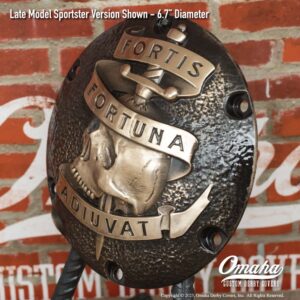 Custom derby cover for Harley-Davidson Sportster motorcycles with Fortis Fortuna Adiuvat design