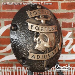 Custom derby cover for Harley-Davidson Sportster motorcycles with Fortis Fortuna Adiuvat design