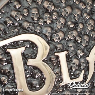 Pirates of the Caribbean inspired custom derby cover for Harley-Davidson motorcycles. Black Pearl Lettering
