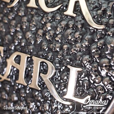 Pirates of the Caribbean inspired custom derby cover for Harley-Davidson motorcycles. Black Pearl Lettering
