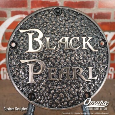 Pirates of the Caribbean inspired custom derby cover for Harley-Davidson motorcycles. Black Pearl Lettering